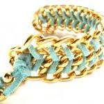 Chunky Gold Chain Mint Chevron Leather Bracelet..