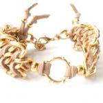 Chevron Leather Bracelet Gold Circle Curved Chain..