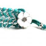 Turquoise Leather Chain Bracelet Enamel Flower...