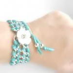 Turquoise Leather Chain Bracelet Enamel Flower...