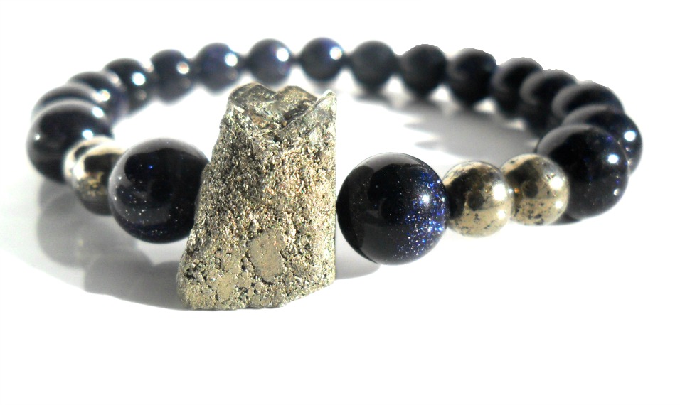 Pyrite And Blue Sunstone Bracelet / Stone Bracelet Stacks / Raw Druzy Pyrite / Tribal Chic Bracelet / Stretch Beaded Bracelet