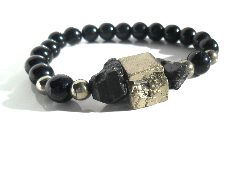 Pyrite / Raw Black Quartz / Blue Sunstone And Obsidian Bracelet / Stone Bracelet Stacks / Tribal Chic Bracelet / Elastic Bracelet