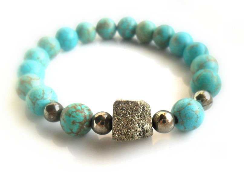 Pyrite And Turquoise Magnesite Bracelet / Stone Bracelet Stacks / Raw Druzy Pyrite / Boho Tribal Chic Bracelet / Elastic Beaded Bracelet