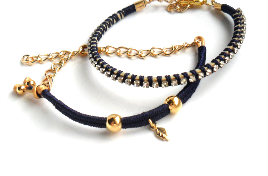 Friendship Bracelets Navy Blue Hand Woven In Silk Crystal Chain Gold Filled Beads Set Of Two Bridesmaid Wedding