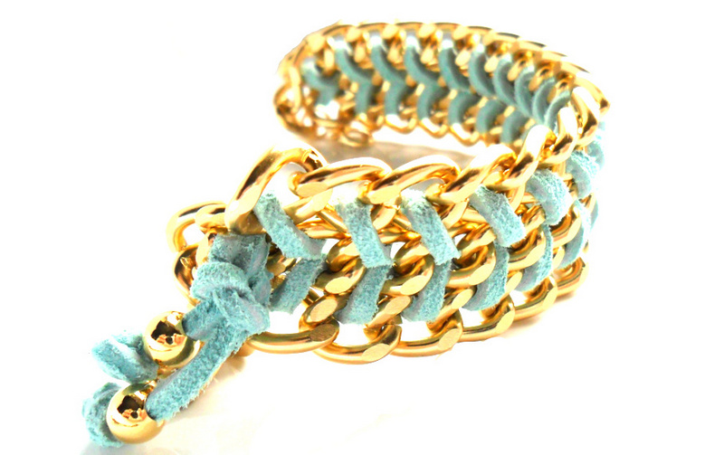 Chunky Gold Chain Mint Chevron Leather Bracelet Pastel Fashion Curved Chain Bracelet