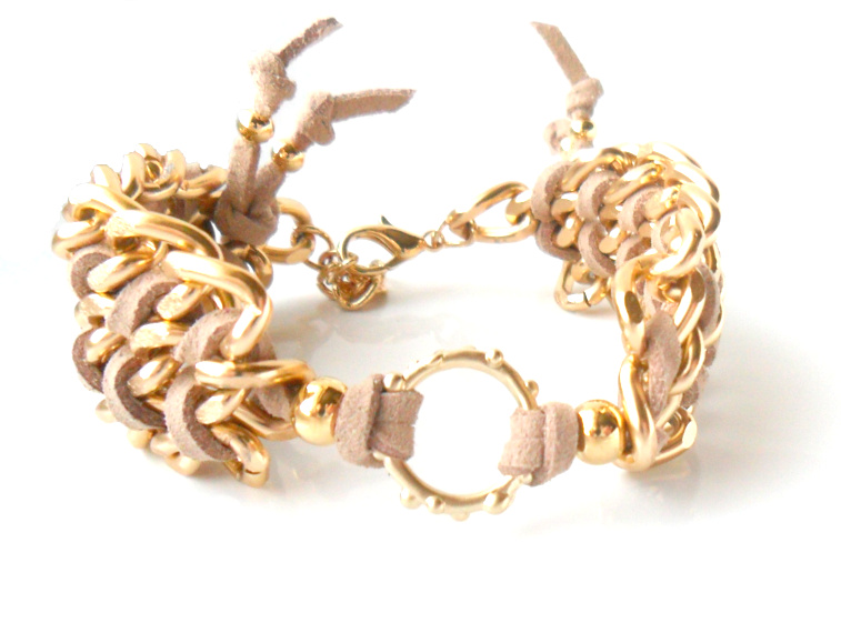 Chevron Leather Bracelet Gold Circle Curved Chain Bracelet Cuff Bracelet