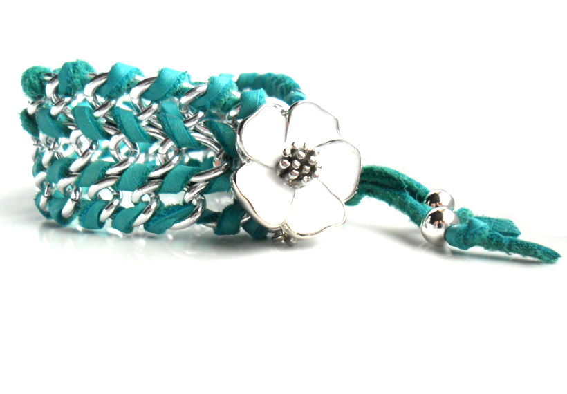 Turquoise Leather Chain Bracelet Enamel Flower. Deerskin Chain Cuff Teal Summer 2013